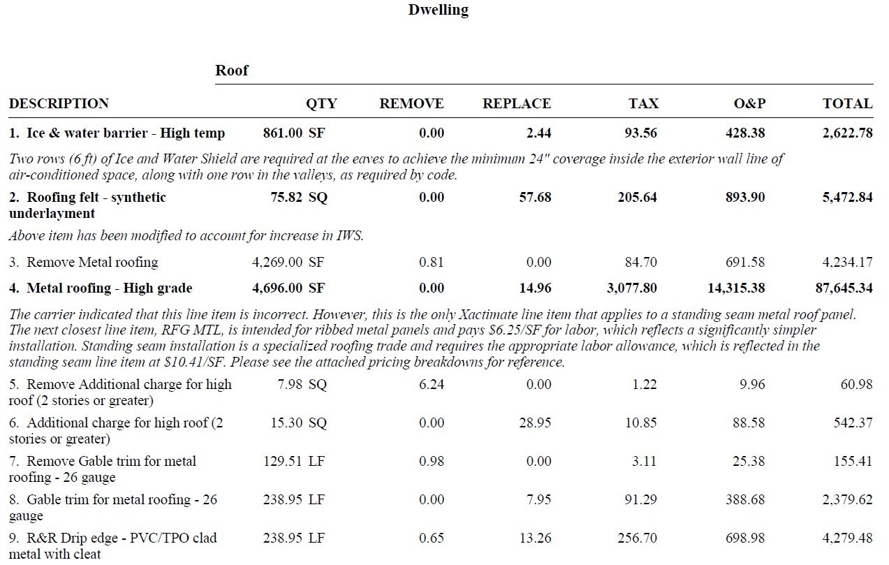 Real Xactimate estimate showing line items including ice and water barrier, roofing felt, metal roofing, and supplemented items